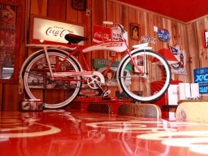 A view of coke bike at Sandy's Pizza.