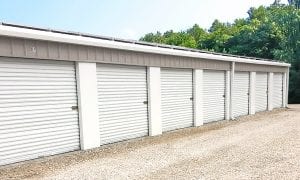 View of white storage units at Sandys Mini Storage